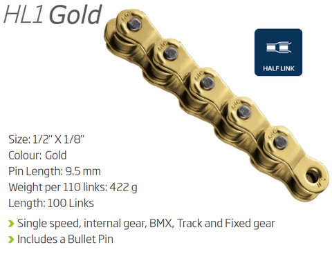 BICYCLE PARTS - CHAIN - SINGLE SPEED - KMC HL1 - 100L - GOLD - W/CONNECT PIN - (HALF LINK CHAIN)