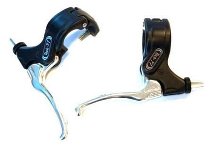 BICYCLE PARTS - BRAKE LEVER - DIA - COMPE TECH 77 BMX BRAKE LEVER SET, WITH HINGED CLAMP, ALLOY, 2 FINGER TYPE, BLACK WITH SILVER (SOLD IN PAIRS)