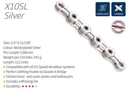 BICYCLE PARTS - CHAIN - 10 SPEED - KMC X10SL - 112L - SILVER - X - SUPERLIGHT - W/CONNECT LINK