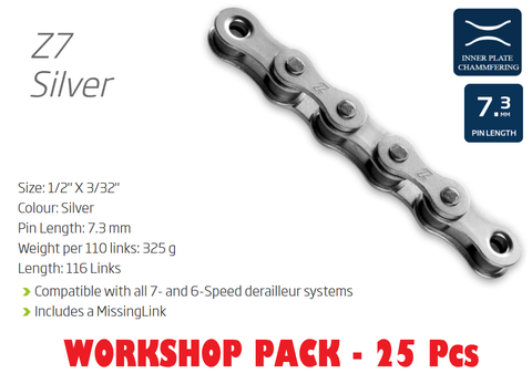 KMC Z7 116L Silver Chain Workshop Box - 25 Chains With Connect Link For 6-7 Speed Drivetrain Systems - Bicycle Chain Repair And Maintenance Kit