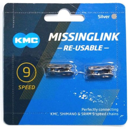 BICYCLE PARTS - CONNECTING LINK, KMC CARD OF 2 FOR 1/2 X 11/128 9 SPEED CHAIN, SILVER.