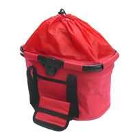 BICYCLE PARTS - BASKET - FRONT, FABRIC, Q/R, COLLAPSIBLE BASKET, WATER RESISTANT TOP WITH PULL STRINGS, RED