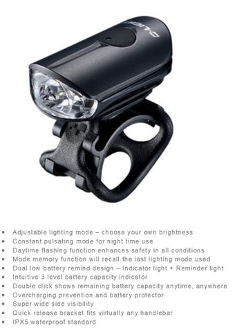 BICYCLE PARTS - LIGHT FRONT, 4 FUNCTION, 100LUMEN DAYTIME FLASH W/USB CABLE, COMPACT SIZING, WEIGHS ONLY 19G, BATT REMAINING INDICATOR LIGHT, ADD ITEM 8383 FOR GO - PRO MOUNTING, QUALITY D - LIGHT PRODUCT