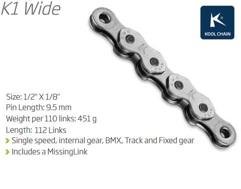 BICYCLE PARTS - CHAIN - SINGLE SPEED - KMC K1 - 112L - SILVER - W/CONNECT LINK, 1/2 X 1/8 X 112L