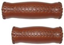 BICYCLE PARTS - HANDLEBAR GRIPS, CLASSIC RETRO, HAND STITCHED, BROWN, W/PLUGS, (92MM + 127MM LENGTH)
