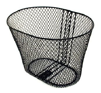 BICYCLE PARTS - BASKET - FRONT, MESH, ROUNDISH, WITH FITTINGS BRACKET & STAY, BLACK, 27CM X 36CM X 25CM