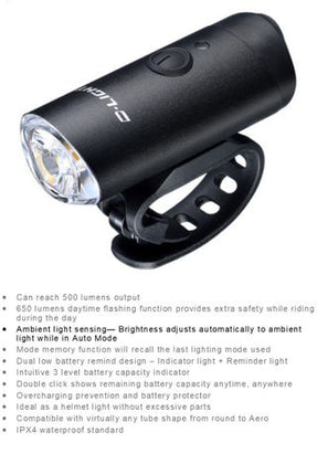 BICYCLE PARTS - LIGHT HEADLIGHT, FRONT, 6 FUNCTION 500 LUMEN OR 650LUMEN DAYTIME FLASH, W/USB CABLE, QUALITY D - LIGHT PRODUCT, GREAT LIGHT, FITS ALMOST ALL HANDLEBARS, BATT LEVEL DISPLAY, LIGHTWEIGHT AND EFFECTIVE