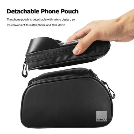 BICYCLE PARTS - SAHOO TOP BAR BAG WITH REMOVABLE PHONE HOLDER, L17/H9/D4CM PER POCKET. BLACK , TOP TUBE MOUNT, SECURES W/ 2 VELCRO STRAPS. 2 MAIN POCKETS, .