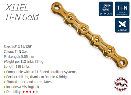 BICYCLE PARTS - CHAIN - 11 SPEED - KMC X11EL - 118L - TI - N GOLD - X - SERIES - W/CONNECT LINK
