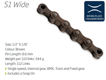 BICYCLE PARTS - CHAIN - SINGLE SPEED - KMC S1 - 112L - BROWN - W/CONNECT LINK