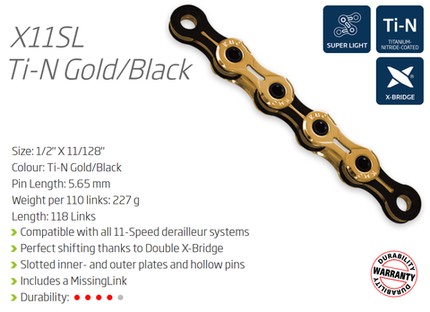 BICYCLE PARTS - CHAIN - 11 SPEED - KMC X11SL - 118L - TI - N GOLD/BLACK - X - SUPERLIGHT - W/CONNECT LINK