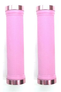 BICYCLE PARTS - GRIPS LOCK - ON, DUAL CLAMP, 130MM, WITH PLUG, PINK WITH PINK RINGS