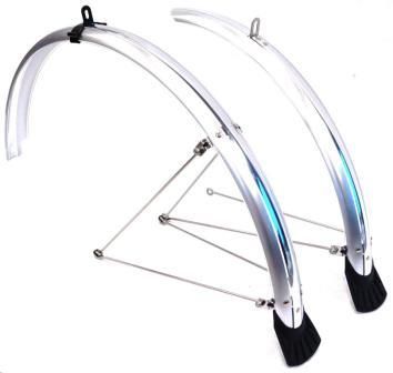 BICYCLE PARTS - MUDGUARD SET 26, FRONT (W/1 STAY) & REAR (W/2 STAYS), SILVER (50MM WIDE)
