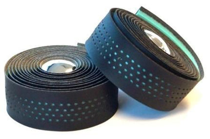 BICYCLE PARTS - HANDLEBAR CUSHION TAPE, BLACK MICROFIBRE + CELESTE SHOCKPROOF GEL, W PLUGS