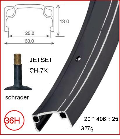 BICYCLE PARTS - RIM 20 X 25MM - JETSET CH - 7X - 36H - (406 X 25) - SCHRADER VALVE - RIM BRAKE - S/W - BLACK - (ERD 395MM)