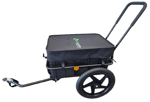 BICYCLE PARTS - BICYCLE CARGO TRAILER 2 IN 1 - CAN ALSO BE USED A PUSH/PULL TROLLEY, STEEL FRAME, 16' WHEELS, CAPACITY:30KGS AS TRAILER, 50KG AS HAND WAGON, LOADING SIZE:68*53*40CM