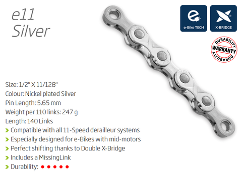 KMC E11 Turbo 11 Speed Bike Chain 140 Links Silver For E-bikes Durable High Pin Power Connect Link Workshop Packaging