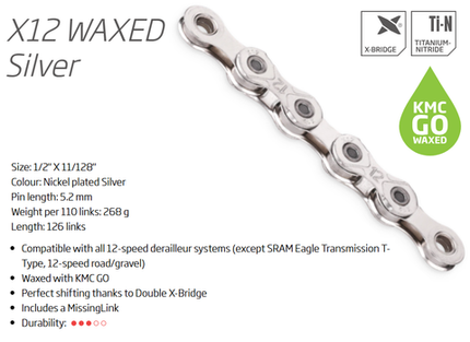 KMC X12 Go Wax 12 Speed Chain 126 Links Silver For Cycling Performance, Durable Bicycle Upgrade With Connect Link