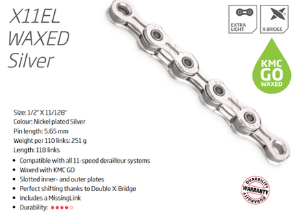 KMC X11EL GO WAX 11 Speed Chain 118 Links Silver For Cycling Drivetrain Components Bike Parts With Connect Link