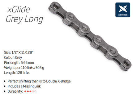 KMC XGLIDE 9/10/11 Speed Bike Chain 126 Links Grey X-series With Connect Link For Cycling Gear