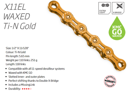 KMC X11EL GO WAX 11 Speed Chain 118 Links Titanium Gold For Adult Cyclists W/connect Link