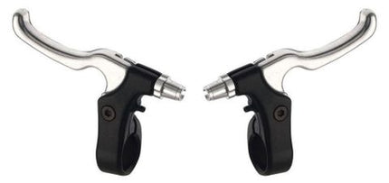 BICYCLE PARTS - BRAKE LEVERS - PAIR, FOR CALIPER BRAKE, 2 FINGER TYPE, ALLOY, BLACK BRACKET AND SILVER LEVER. (SOLD IN PAIRS)