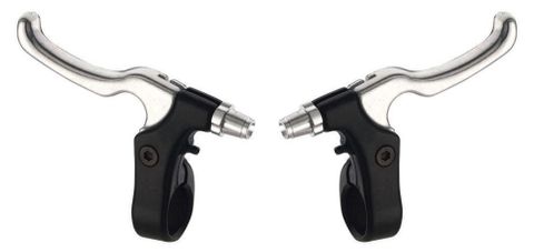 BICYCLE PARTS - BRAKE LEVERS - PAIR, FOR CALIPER BRAKE, 2 FINGER TYPE, ALLOY, BLACK BRACKET AND SILVER LEVER. (SOLD IN PAIRS)