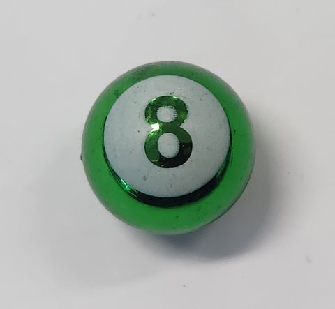 BICYCLE PARTS - VALVE CAP, GREEN 8 BALL, ALLOY ANODISED, A/V (SOLD INDIVIDUALLY)