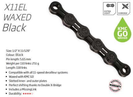 KMC X11EL GO WAX 11 Speed Chain 118 Links Black For Cycling Drivetrain Components W/connect Link