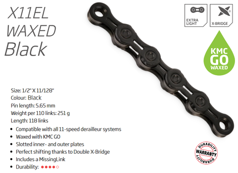 KMC X11EL GO WAX 11 Speed Chain 118 Links Black For Cycling Drivetrain Components W/connect Link
