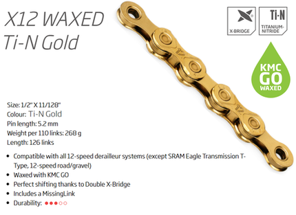 KMC X12 Go Wax 12 Speed Chain 126 Links Gold - High Performance Bicycle Drivetrain Component For Smooth Shifting & Durability