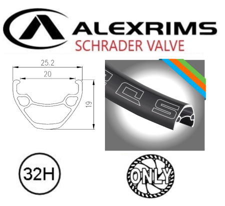 BICYCLE PARTS - RIM 26 X 20MM - ALEX SD20 - 32H - (559 X 20) - SCHRADER VALVE - DISC BRAKE - D/W - BLACK - EYELETED - TUBELESS READY - (REQUIRES AV TUBELESS VALVE)