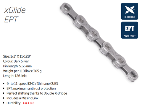 KMC X-series Xglide 9/10/11 Speed Chain 126 Links Silver ECOPRO TEQ Coating With Connect Link For Cycling