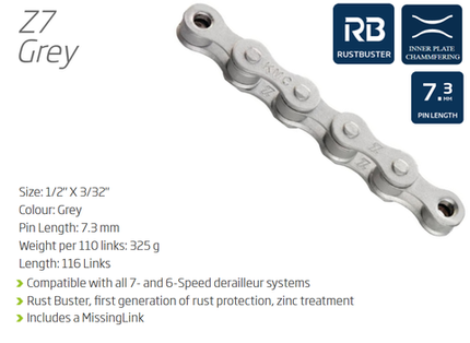 KMC Z7 116 Links 6-7 Speed Grey Rust Buster Chain For Cycling Drivetrain Components With Connect Link For Adult Bikes
