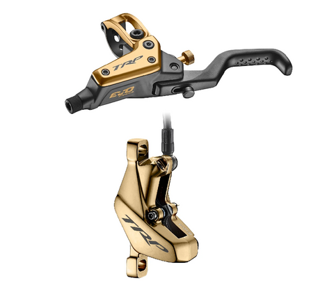 BICYCLE PARTS - TRP DHR EVO PRO FRONT, DISC BRAKE SET, FRONT, FOR RIGHT HAND, ALLOY, HYDRAULIC 4 - PISTON. GOLD (USES 2.3MM ROTOR ONLY - ROTOR NOT INCLUDED)