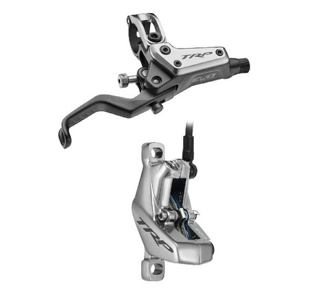 BICYCLE PARTS - TRP DHR EVO PRO REAR, DISC BRAKE SET, REAR, FOR LEFT HAND, ALLOY, HYDRAULIC 4 - PISTON. SILVER/GREY - (USES 2.3MM ROTOR ONLY - ROTOR NOT INCLUDED)