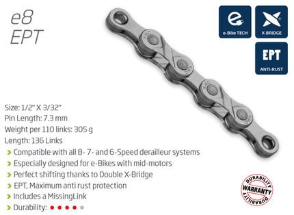 BICYCLE PARTS - A CHAIN - 8 SPEED - KMC E8 TURBO EPT - 136L - DARK SILVER - ECOPRO TEQ COATING - W/CONNECT LINK - EXTRA LONG - (EBIKE CHAIN, HIGHER PIN POWER FOR E - BIKE TORQUE)