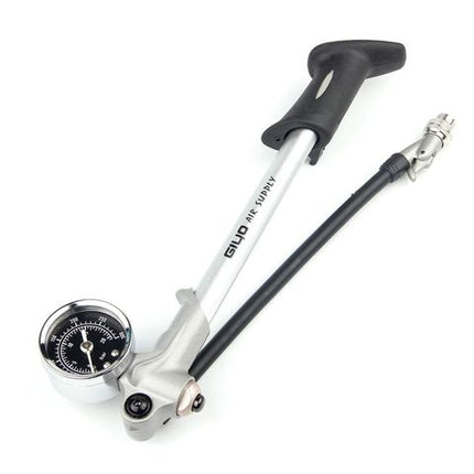 BICYCLE PARTS - A SHOCK PUMP - FOLDABLE SHOCK PUMP, ALLOY, W/LEVER & GAUGE, SOFT 2 TONE HANDLE, 300PSI, SILVER