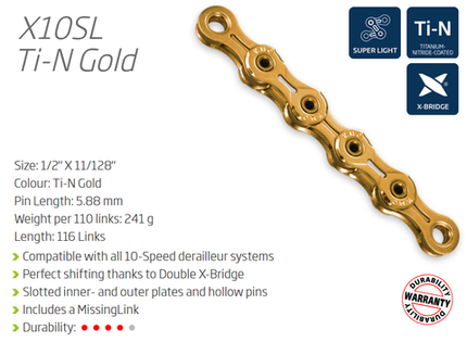 KMC X10SL Superlight 10 Speed Chain 116 Links Gold Titanium W/ Connect Link Durable Cycling Gear For Adult Riders
