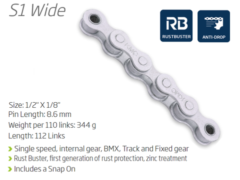 BICYCLE PARTS - CHAIN - SINGLE SPEED - KMC S1 - 112L - GREY - RUST BUSTER - W/CONNECT LINK