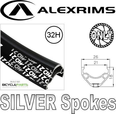 Alex Rims Alexrims 26-inch MD21 Bicycle Wheelset Black Rim Silver Spokes Disc Brake Compatible For MTB Cycling