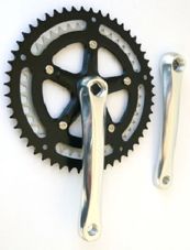 BICYCLE PARTS - CHAINWHEEL SET 170MM X 42T/52T, DOUBLE WITH BLACK STEEL CHAIN RINGS, DIAMOND TAPER, ALLOY, SILVER CRANKS