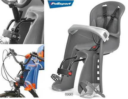 BICYCLE PARTS - BABY SEAT - POLISPORT BILBY JUNIOR (FRONT ONLY - HEAD TUBE FITTING 28 - 40MM) GREY/SILVER, UPTO 15KG