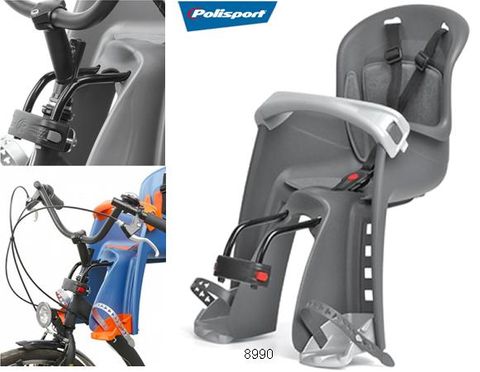 BICYCLE PARTS - BABY SEAT - POLISPORT BILBY JUNIOR (FRONT ONLY - HEAD TUBE FITTING 28 - 40MM) GREY/SILVER, UPTO 15KG