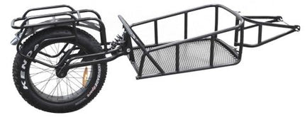 BICYCLE PARTS - TRAILER - 20 X 4 (FAT) SINGLE WHEEL WITH SUSPENSION, OPEN CARGO HOLD & PANNIER RACKS. STEEL FRAME.MAXIMUM LOAD: 45KG MAX SPEED LOADED: 40KPH BAG TO SUIT SEE 9810B