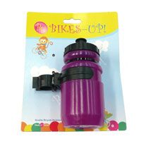 BICYCLE PARTS - BOTTLE - MINI WATER BOTTLE, 400CC, BIKES UP TIE CARD, WITH BLACK ADJUSTABLE CAGE, PURPLE