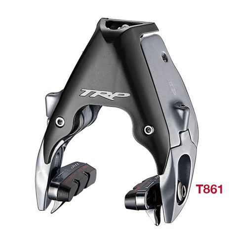 BICYCLE PARTS - TRP ROAD DM FRONT BRAKE, FORGED ALUMINIUM AERODYNAMIC ROLLER CAM DIRECT MOUNT BRAKE, RIM WIDTH ADJUSTMENT, SPRING TENSION ADJUSTMENT.