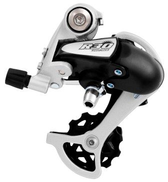 BICYCLE PARTS - REAR DERAILLEUR - 7/8 SPEED, SHORT CAGE, ROAD, BLACK/SILVER