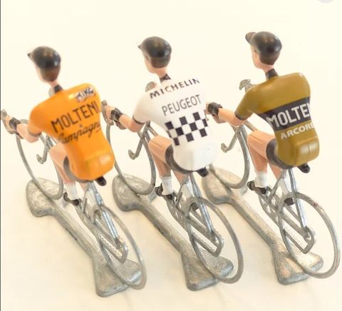 BICYCLE PARTS - A FLANDRIENS MODELS, 3 X HAND PAINTED METAL CYCLISTS, MERCKX II IN 3 TYPES JERSEYS