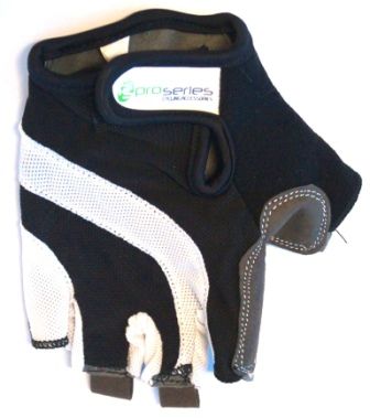 BICYCLE PARTS - BLACK WITH WHITE TRIM GLOVES - PRO SERIES, AMARA PALM, LYCRA TOWEL GEL PADDING MEDIUM